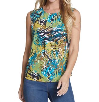 Multiples Tuck Front Neck Print Tank Top In Turq/lime/black