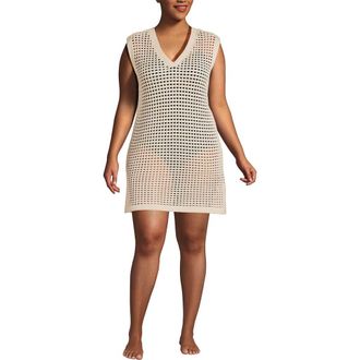 Lands End Cotton Open Knit V-Neck Swim Cover-up Dress in Washed Sand at Nordstrom, Size 2X