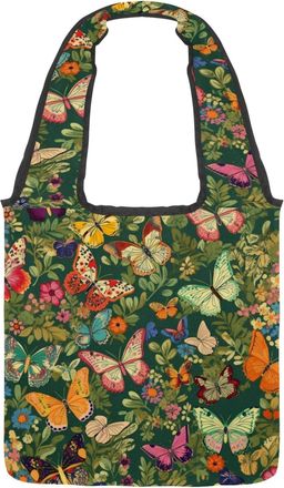 Generic Vintage Butterfly with Flowers Reversible Canvas Shoulder Tote - Double-Sided Print, 12oz Cotton, 27cm Drop, Fold-Flat Bag for Travel, Shopping, Stree