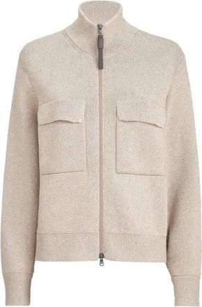 Brunello Cucinelli Sequined Zip-Up Knit Jacket - Dames - Vesten - Grijs - L - Katoen - Truien & Vesten