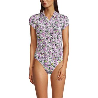 Lands End Short Sleeve Pique Johnny Collar UPF 50 Rash Guard in White Multi Ditsy Floral at Nordstrom, Size X-Large