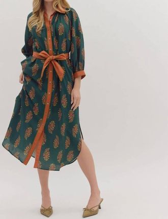 Entro Three-Quarter Sleeve Botanical Print Midi Dress In Heather Green