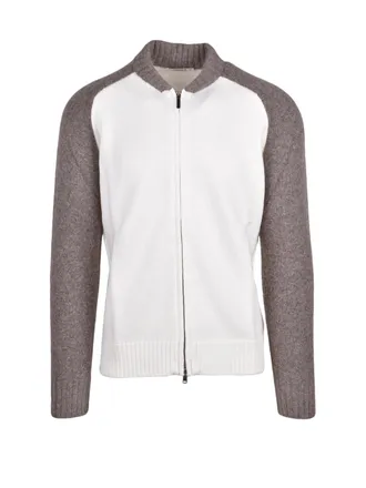 KANGRA White-Brown Merino Wool Zip Cardigan