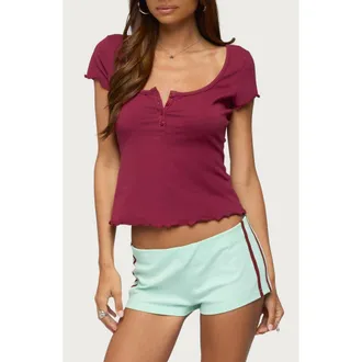 Edikted Lilibeth Short Sleeve Henley T-Shirt in Burgundy at Nordstrom, Size X-Large