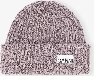Ganni Oversized Wool Rib Knit Beanie in Lilac Sachet Womens