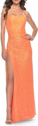 La Femme Ruched Sequin Prom Dress with High Side Slit in Orange at Nordstrom, Size 00