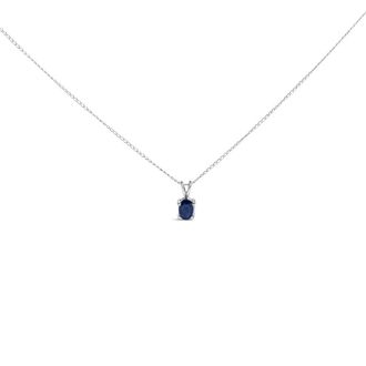 House of Brilliance 14K White Gold 6x4MM Oval Shaped Shaped Blue Sapphire Solitaire Pendant Necklace