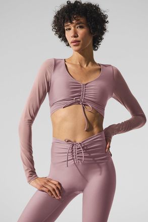 Alo | Airlift Mesh Divine Long Sleeve Bra in Smoky Quartz Brown, Size: Medium