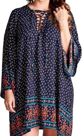 Velzera Border Print Floral Bohemian Mini Dress In Blue