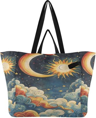 Generic Sun White Cloud print Reusable Canvas Tote Bag, Heavy Duty Grocery Shopping Bag with Double Handles Large Capacity Hard Bottom Work Groceries Travel
