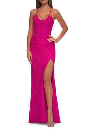La Femme Stretch Lace Prom Dress with Scoop Neck and Lace Up Back in Hot Fuchsia at Nordstrom, Size 14