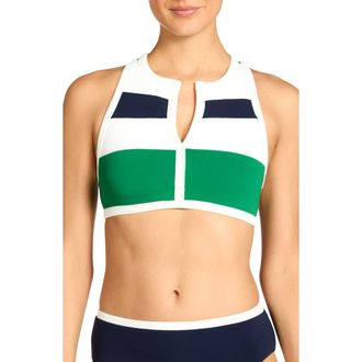 Robin Piccone Jacqui Stripe Racerback Bikini Top in Navy/grass/cream at Nordstrom, Size Small