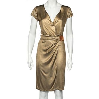 Roberto Cavalli Gold Metallic Belt Detail Faux Wrap Dress