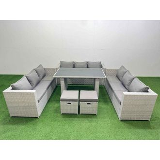 Fimous Patio Outdoor Garden Furniture Sets with Black Glass Top Dining Table 3 Seater Sofa 2 Small Stool Light Grey - Fimous