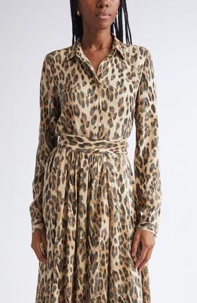 St. John Leopard Print Silk Georgette Button-Up Shirt in Brlt Bronze Latte Multi at Nordstrom, Size 12