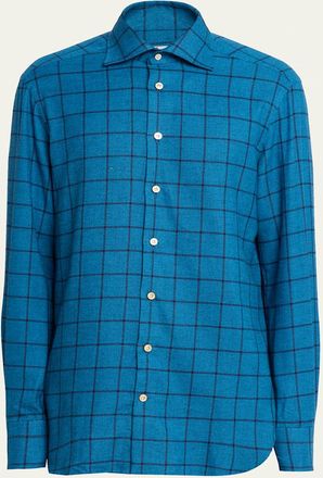 Kiton Mens Cotton Windowpane Check Sport Shirt