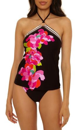 Trina Turk Bougainvillea Reversible Halter Tankini in Black Multi at Nordstrom, Size 14