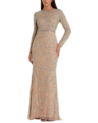 Mac Duggal Beaded Long Sleeve High Neck Column Gown