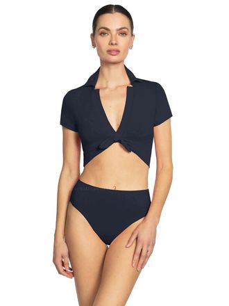 Robin Piccone Ava T-Shirt Bikini Top Womens Navy Tie Front Swimwear GBO2753