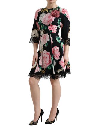 Dolce & Gabbana Womens Black Floral Embellished Lace A-Line Dress Silk