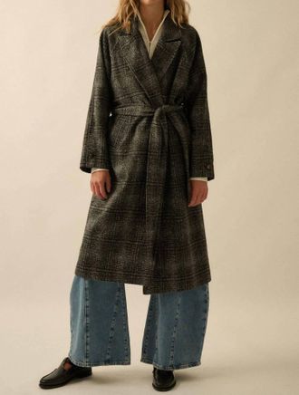Promesa Refined Plaid Belted Coat In Black