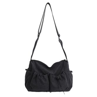 Generic Cymwer Women Nylon Plaid Pleated Hobo Handbag Zipper Shoulder Bag for Daily Use (Black)