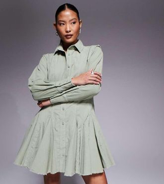 Asos Petite ASOS DESIGN Petite - Vestito camicia in tessuto a coste color salvia con pinces in vita e gonna godet-Multicolore