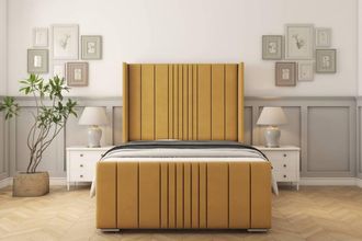 Sloomy Hargrave Plush Bed Frame With 50 Upholstered Wingback Headboard in Mustard | Size: Super King