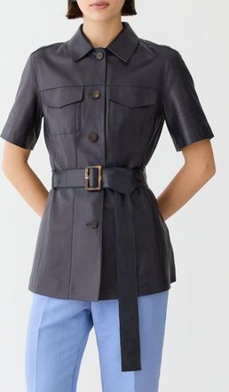 Lafayette 148 New York Belted Short Sleeve Lambskin Leather Jacket in Ink at Nordstrom, Size 12