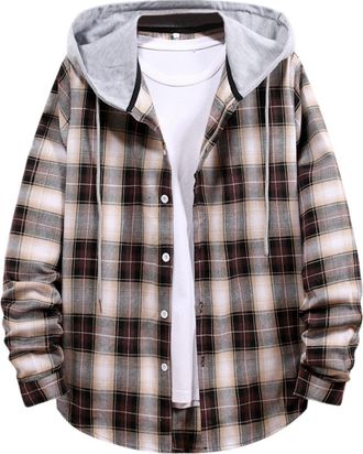 Generic Mens Checked Shirt Long Sleeve: Plaid Shirts Men Hooded Mens Casual Sweatshirts Button Down Padded Check Jacket Mens Shirt Regular Fit Mens Hoodie Lon
