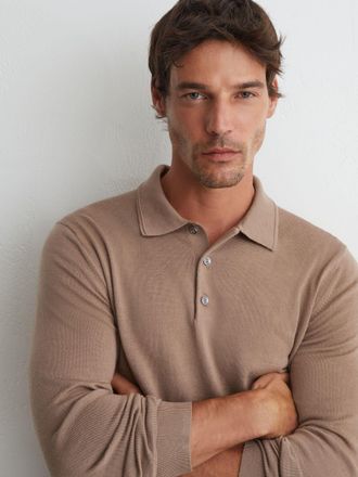 Reiss Camel Brown Merino Wool Long-sleeve Polo Shirt, Xxl