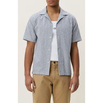 Les Deux Stripe Cotton & Linen Camp Shirt in Dark Denim Blue at Nordstrom, Size Xx-Large