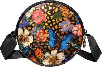 Generic Circle Crossbody Bag for Women, Butterfly Flowers Small Sling Bag Daypack with Zipper Adjustable Shoulder Straps Casual Ladies Girls Round Purse