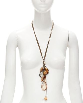 Mimco brown acrylic wood giant crystal charm copper chain necklace