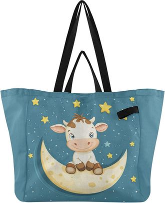 Generic Cow Moon Stars Teal print Reusable Canvas Tote Bag, Heavy Duty Grocery Shopping Bag with Double Handles Large Capacity Hard Bottom Work Groceries Trav