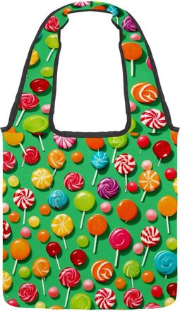 Generic Green Candy Pattern Reversible Canvas Shoulder Tote - Double-Sided Print, 12oz Cotton, 27cm Drop, Fold-Flat Bag for Travel, Shopping, Street Outings