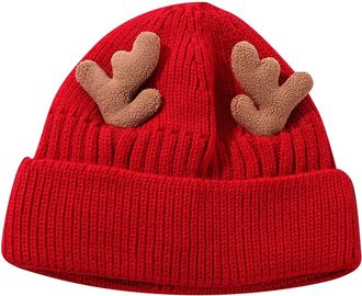 Generic Christmas Hat Autumn and Winter Knitted Hat Antlers Plus Velvet Warm Knitted Woolen Hat Winter Snow Hats Men (Red, One Size)