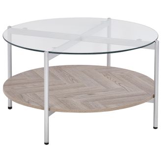 Beliani Mesa De Centro Moderna Tablero De Vidrio Templado Estructura De Metal 1 Estante Madera Clara Plateado Lovell
