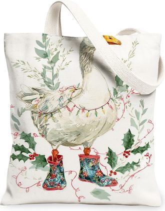Generic Christmas Goose Canvas Tote Bags, Rustic Bird Design Reusable Grocery Bags, Vintage Floral Lightweight Washable Shoulder St, White, 13x15 Inch