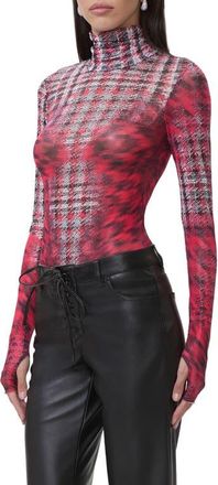 AFRM Zadie Mock Neck Printed Mesh Top in Ruby Houndstooth at Nordstrom, Size X-Large