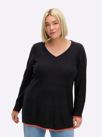 Sheego V-Ausschnitt-Pullover SHEEGO Pullover, Damen, Gr. 48/50, bunt (schwarz, orange), 50% Baumwolle, 50% Polyacryl, unifarben, Pullover V-Ausschnitt-Pullov