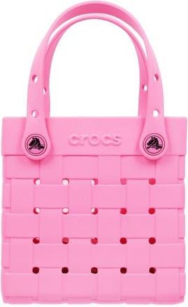 Crocs Small Woven Style Crossbody Tote with Top Handles and removeable crossbody strap in Pink Punch at Nordstrom