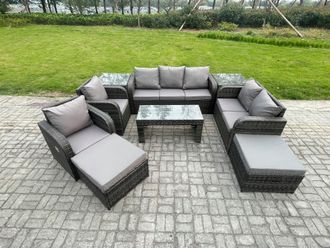 Fimous Outdoor Rattan Garden Furniture Set Rattan Lounge Sofa Set with Rectangular Coffee Table 2 Side Tables 2 Big Footstool Dark Grey Mixed