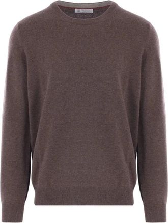 Brunello Cucinelli Luxe Crew Neck Gebreide Kleding - Heren - Ronde hals truien - Bruin - XL - Wol - Truien & Vesten