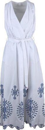 Eleventy White Blue Cotton Elastane Long Embroidered Dress