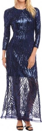 Karen Kane 3/4 Sleeve Sequin Side Slit Dress In Navy