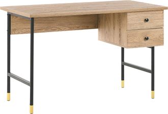 Beliani Escritorio De Madera Clara Tablero De Fibra 2 Cajones Patas De Metal Negro 120 X 60 Cm Oficina En Casa Retro Abilen