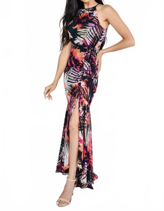 Frank Lyman Design Bryndsay Long Halter Dress In Black/fuchsia