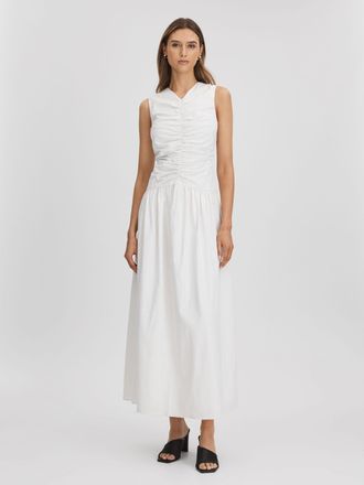 Anna Quan Womens White Cotton Striped Ruche Maxi Dress, Size: 14