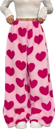 Generic Fuzzy Heart Print Wide Leg Pajama Pants for Womens,Soft Warm Fleece Wide Leg Pyjama Bottoms, Cozy Stretch Elastic Waist Lounge Sleepwear Trousers Pink